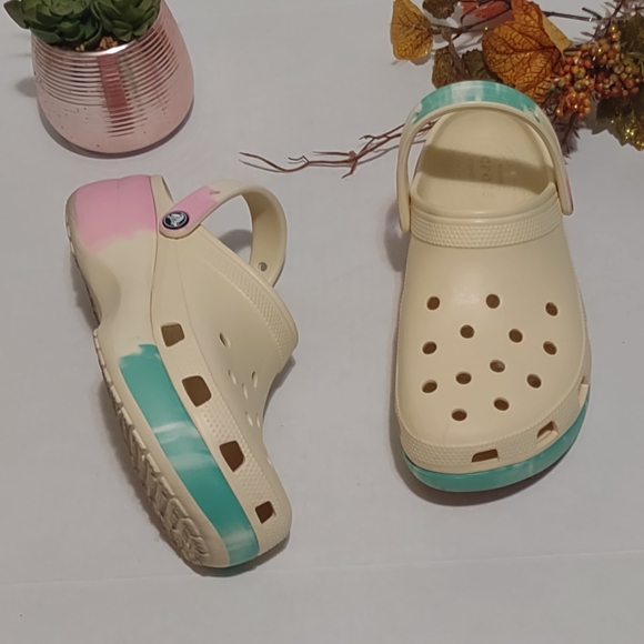 CROCS Shoes - CROCS Women Cream Sandals with Pink and Teal Accents